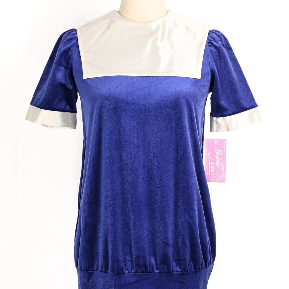 DEADSTOCK - Vintage 80s Dark Blue Velvet Short Sleeve Mini Dress w/ Bib Collar